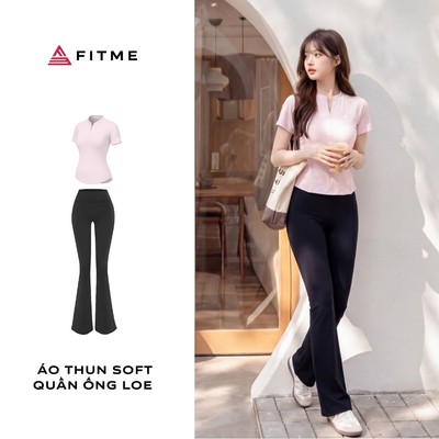 Bộ đồ tập gym, yoga, pilates nữ Fitme áo thun Soft Hồng Pastel, quần legging ống loe Flare tôn dáng