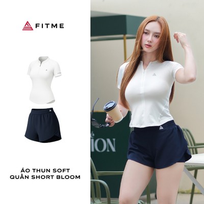 Bộ đồ tập gym, yoga nữ Fitme áo thun Soft Trắng, quần short Bloom co giãn thoáng khí