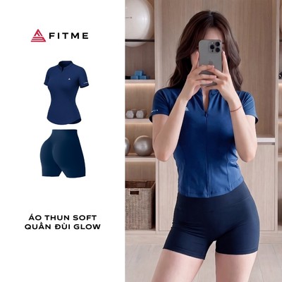 Bộ đồ tập gym, yoga nữ Fitme áo thun Soft Xanh navy, quần legging đùi Glow cạp cao tôn dáng