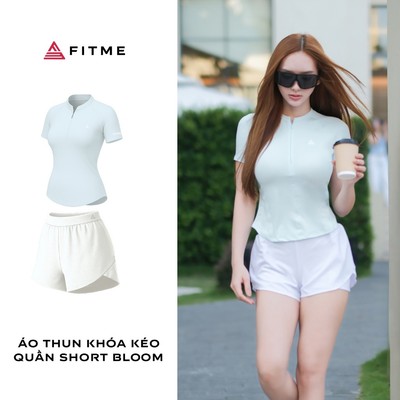 Bộ đồ tập gym, yoga nữ Fitme áo thun Soft Xanh Pastel, quần short Bloom chất liệu cao cấp