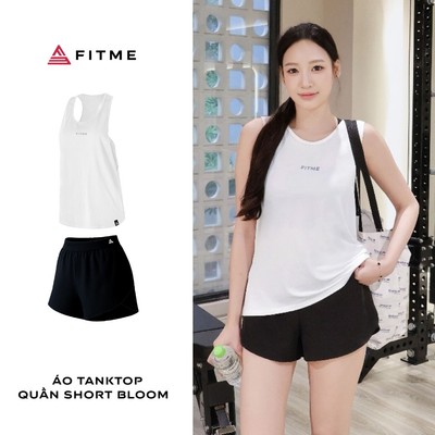 Bộ đồ tập gym, yoga, pilates nữ Fitme áo tank top trắng (không kèm bra), quần short Bloom đen co giãn thoáng khí