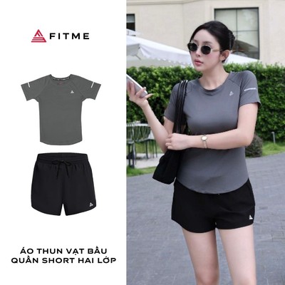 Bộ đồ tập gym, chạy bộ nữ Fitme áo thun vạt bầu xám, quần short đen co giãn 2 lớp thoáng khí