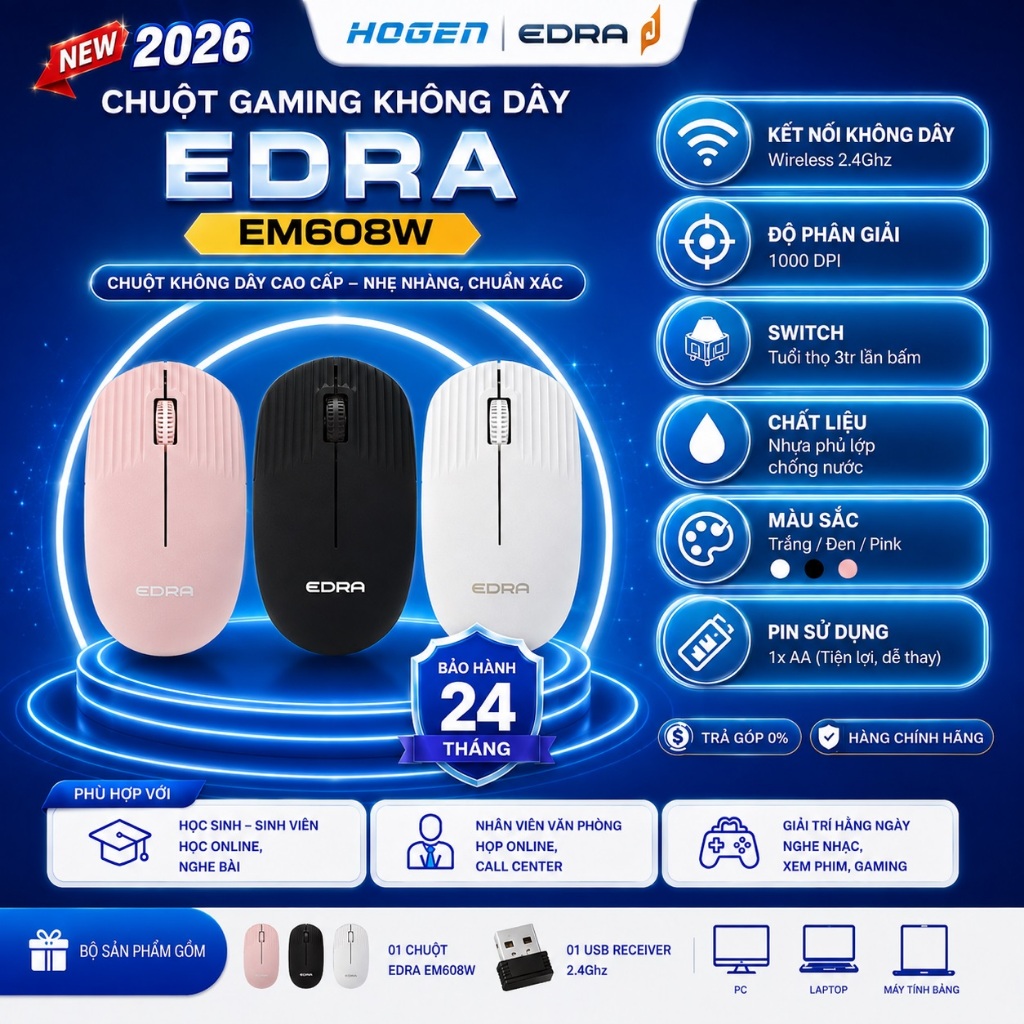 Chuột  không dây EDRA EM608W |  Wireless 2.4Ghz | 1000 DPI | Tuổi thọ 3tr lần bấm | Bảo hành 24 thán