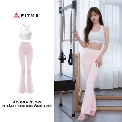Bộ đồ tập gym, yoga, pilates nữ Fitme áo bra Glow trắng, quần legging ống loe Flare dài tôn dáng