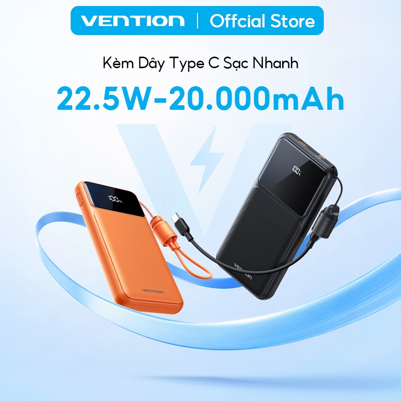 Pin Sạc Dự Phòng 20000mAh Vention 22.5W, Đạt Chuẩn 3C, 2 Cổng USB-A/C Kèm Dây Sạc Type C Màn LED Cho Điện Thoại Laptop