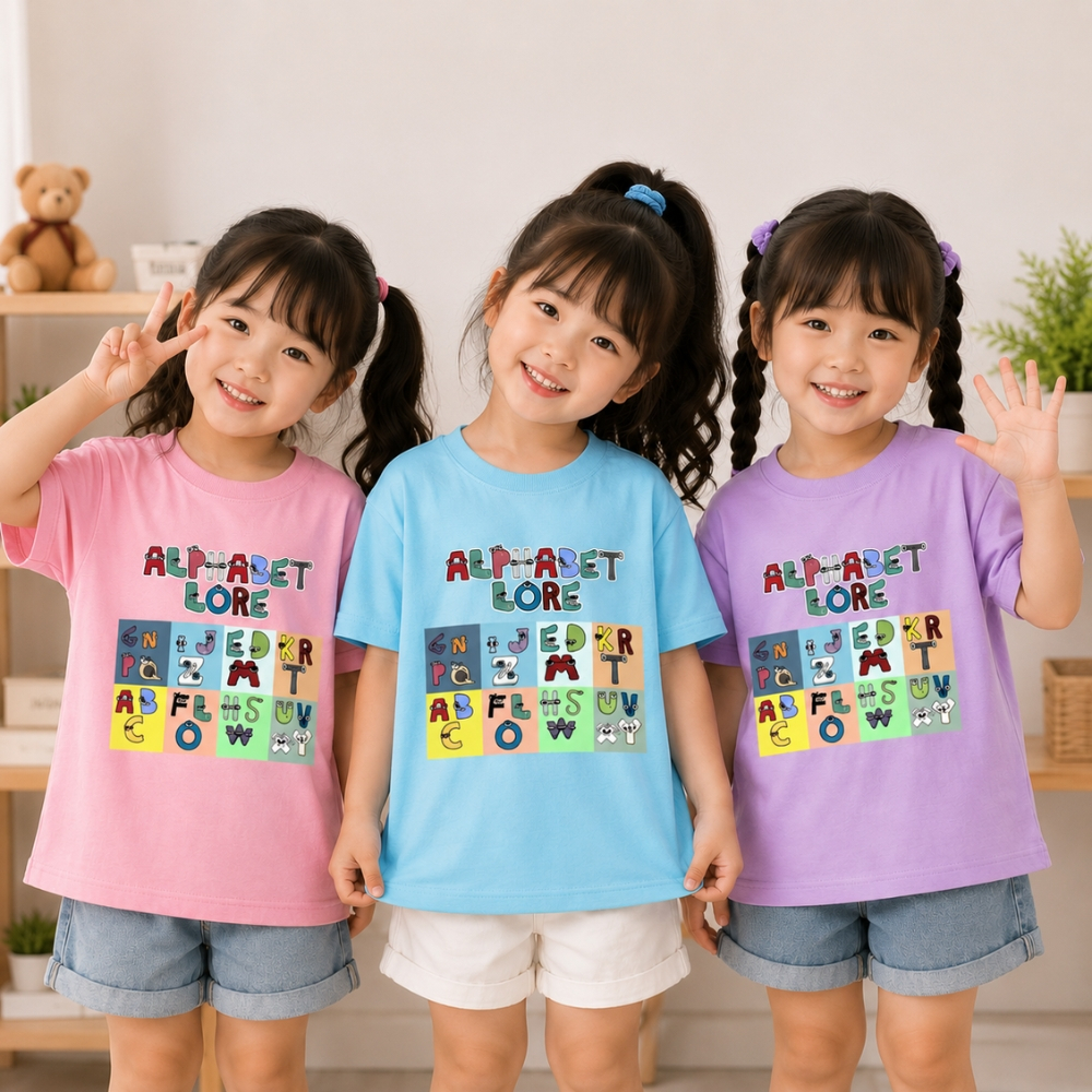 Áo thun cho bé trai và bé gái in hình ALPHABET LORE dễ thương, chất liệu poly mềm mịn thoáng mát NTS