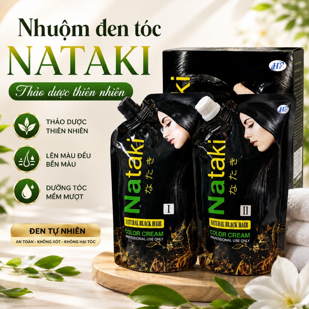 Nhuộm Đen Nataki 2x500ml – Thuốc Nhuộm Phủ Bạc Tóc Nataki, Lên Màu Đen Tự Nhiên, Không Dính Da Đầu