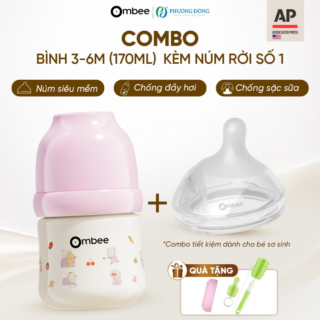 [Dung Tích 170ml + Núm Số 1] Combo Bình Sữa Ombee Dành Cho Bé Từ Sơ Sinh Đến 6 Tháng Tuổi