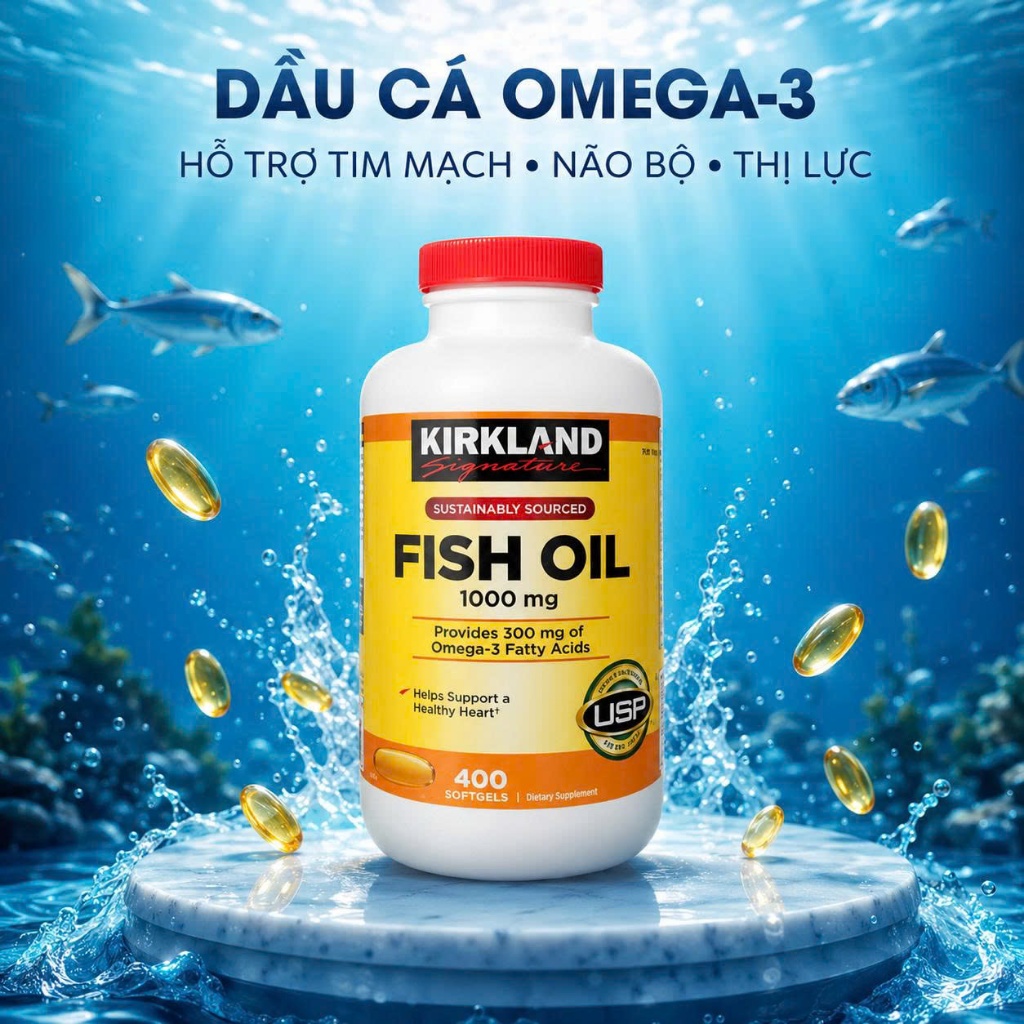 Viên Uống Dầu Cá Omega-3 Kirkland Fish Oil 1000mg (Hộp 400 Viên)