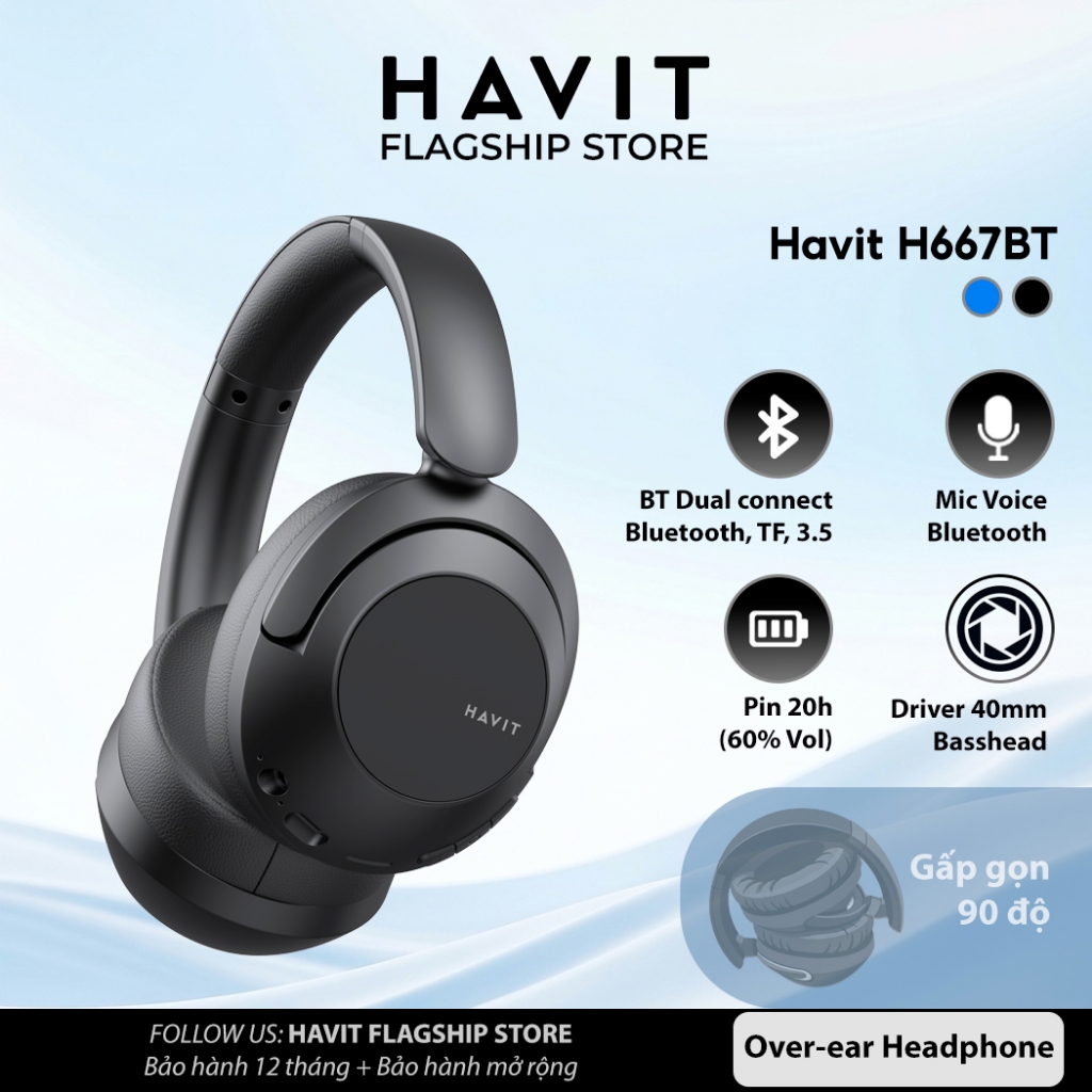 Tai nghe Bluetooth Headphone Havit H667BT Pin 20 tiếng | Kết Nối 2 Thiết Bị | BT 5.3