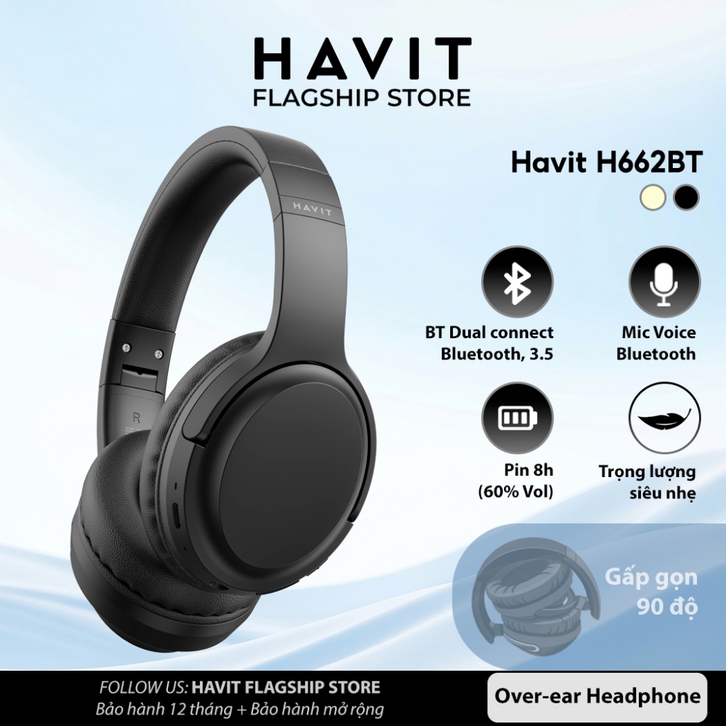 Tai nghe Bluetooth Headphone Havit H662BT Pin 20 tiếng | Kiểu Dáng Basic | BT 5.3