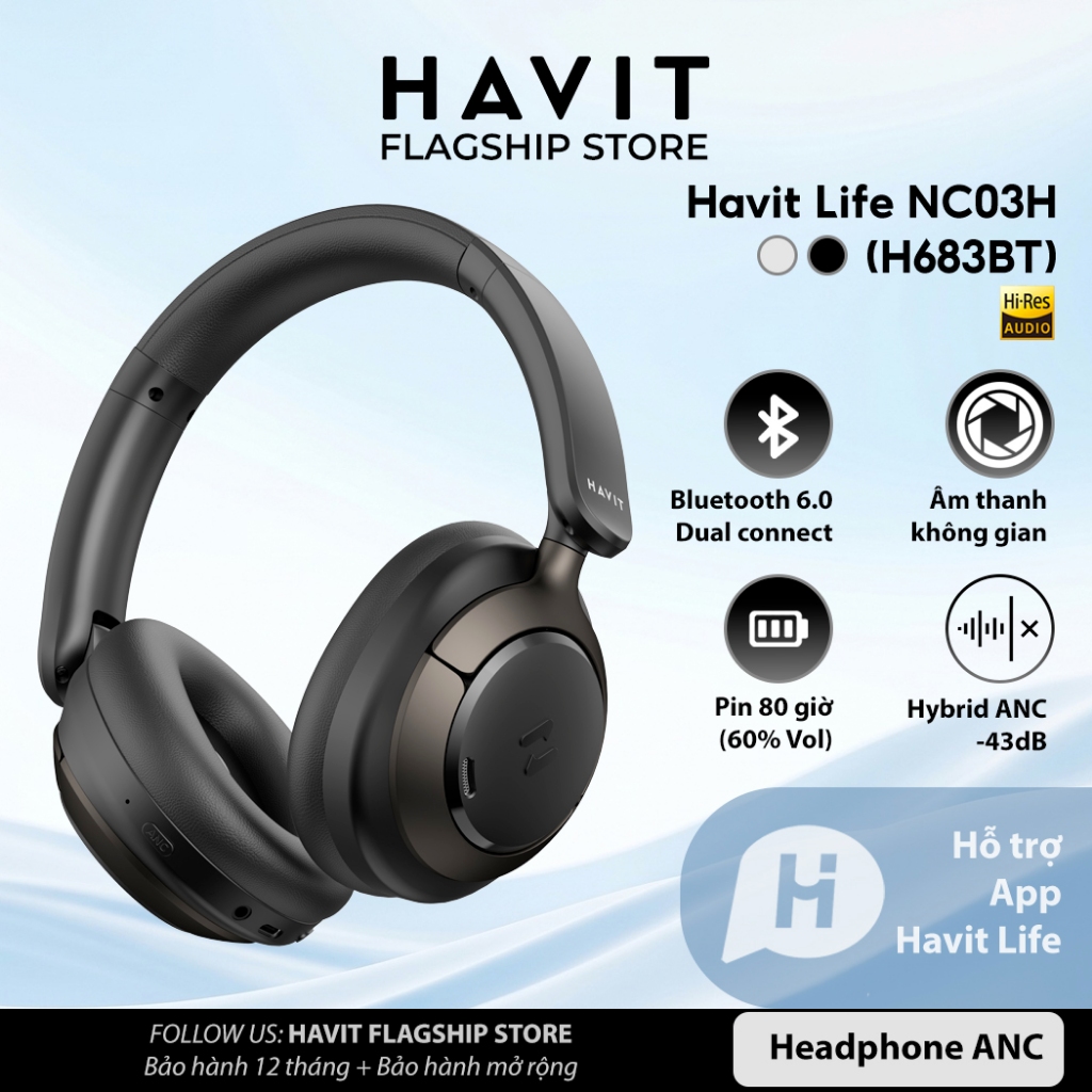 Tai nghe Bluetooth Headphone Havit Life NC03H | Spatial Hires Audio | Kết nối 2 TB & App Control | Bluetooth 6.0