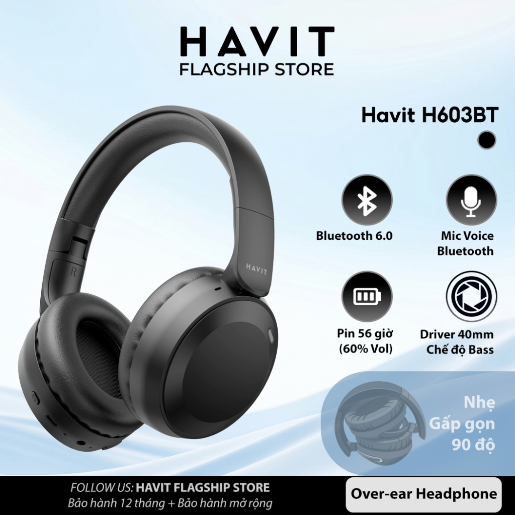 Tai nghe Bluetooth Headphone Havit H603BT Pin 58 tiếng | Bluetooth 6.0