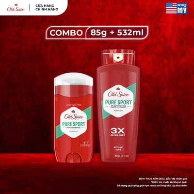 Combo 2 chai Sáp khử mùi + Sữa tắm OLD SPICE Pure Sport 85g + 532ml thể thao, thơm lâu cả ngày, ngăn ố vàng áo - Mỹ