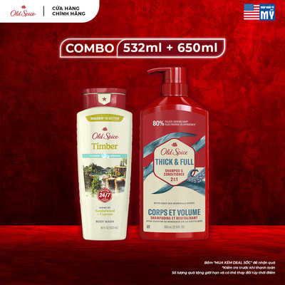 Combo 2 chai Dầu Gội Xả 2in1 650ml & Gel Tắm 532ml OLD SPICE tiện lợi, Hương Nước Hoa, Huyền Bí x Gỗ Đàn Hương - Mỹ