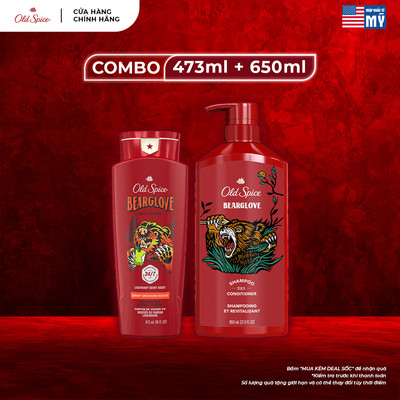 Combo 2 chai Dầu Gội Xả 2in1 650ml & Gel Tắm 473ml OLD SPICE tiện lợi, Hương Nước Hoa, Bearglove Bản Lĩnh - Mỹ