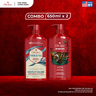 Combo 2 chai Dầu Gội Xả 2in1 OLD SPICE 650ml sạch sâu, dưỡng tóc dày khỏe, giảm khô xơ, hương Huyền Bí x Bản Lĩnh - Mỹ
