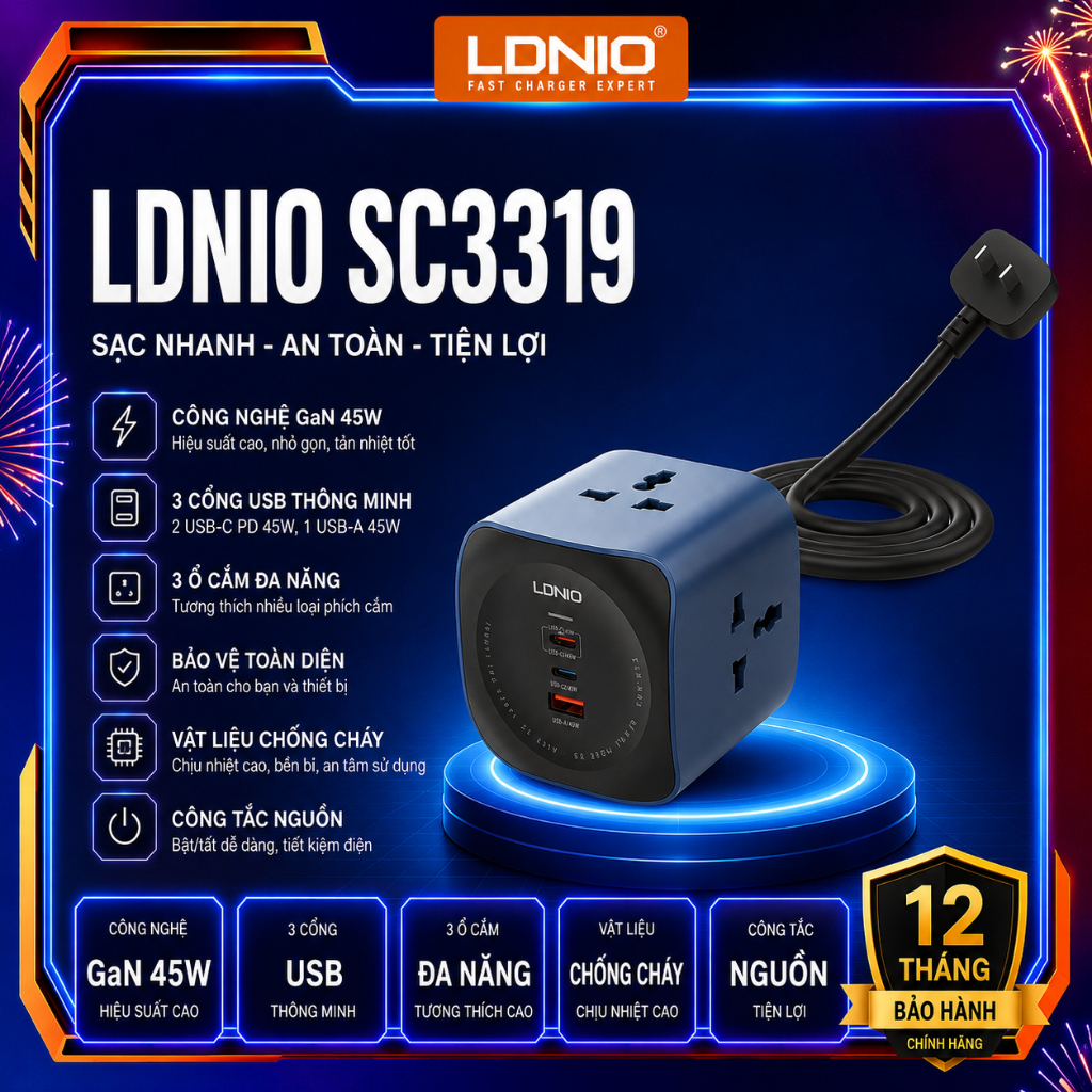 Trạm Sạc Kiêm Ổ Cắm Điện LDNIO SC3319 3x AC 2500W – 3x USB Sạc Nhanh 65W & Dây Dài 2m