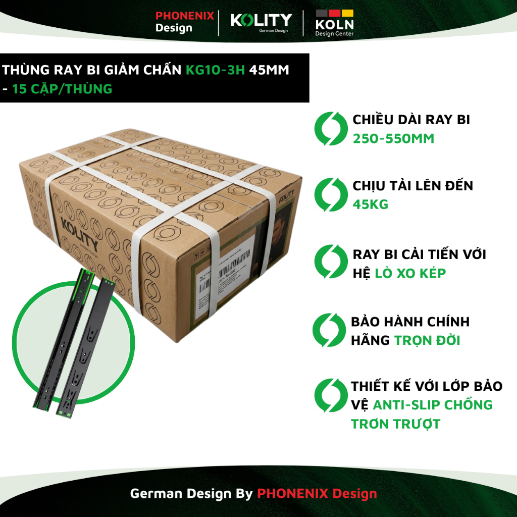 [Kolity] Thùng Ray Bi Giảm Chấn KG10-3H 3 Đoạn 45mm Trọng Tải 45Kg Chiều Dài Từ 250-550mm