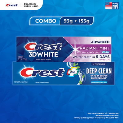 Combo 2 tuýp Kem đánh răng CREST Deep Clean Plus và 3D White Radiant Mint (153g+93g) trắng sáng, sạch sâu - Mỹ