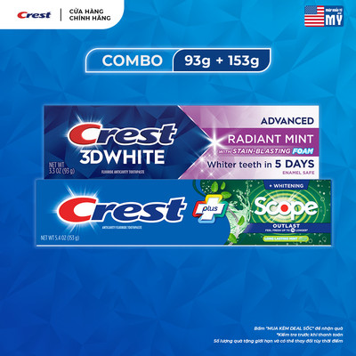 Combo 2 tuýp Kem đánh răng CREST Scope Plus và 3D White Radiant Mint (153g+93g) trắng sáng, thơm lâu - Mỹ
