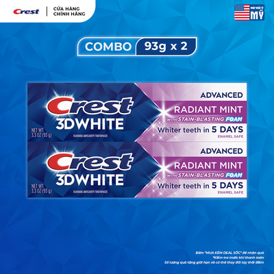 Combo 2 tuýp Kem đánh răng CREST 3D White Radiant Mint (2x93g) trắng sáng vượt trội tận gốc - Mỹ