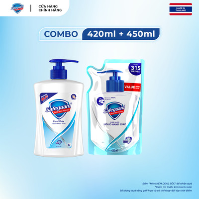 Combo 2 Nước Rửa Tay SAFEGUARD Sạch 99,9% Vi Khuẩn & Dịu Nhẹ Cho Da Trắng Tinh Khiết - Chai 450ML & Túi 420ML - Thái Lan