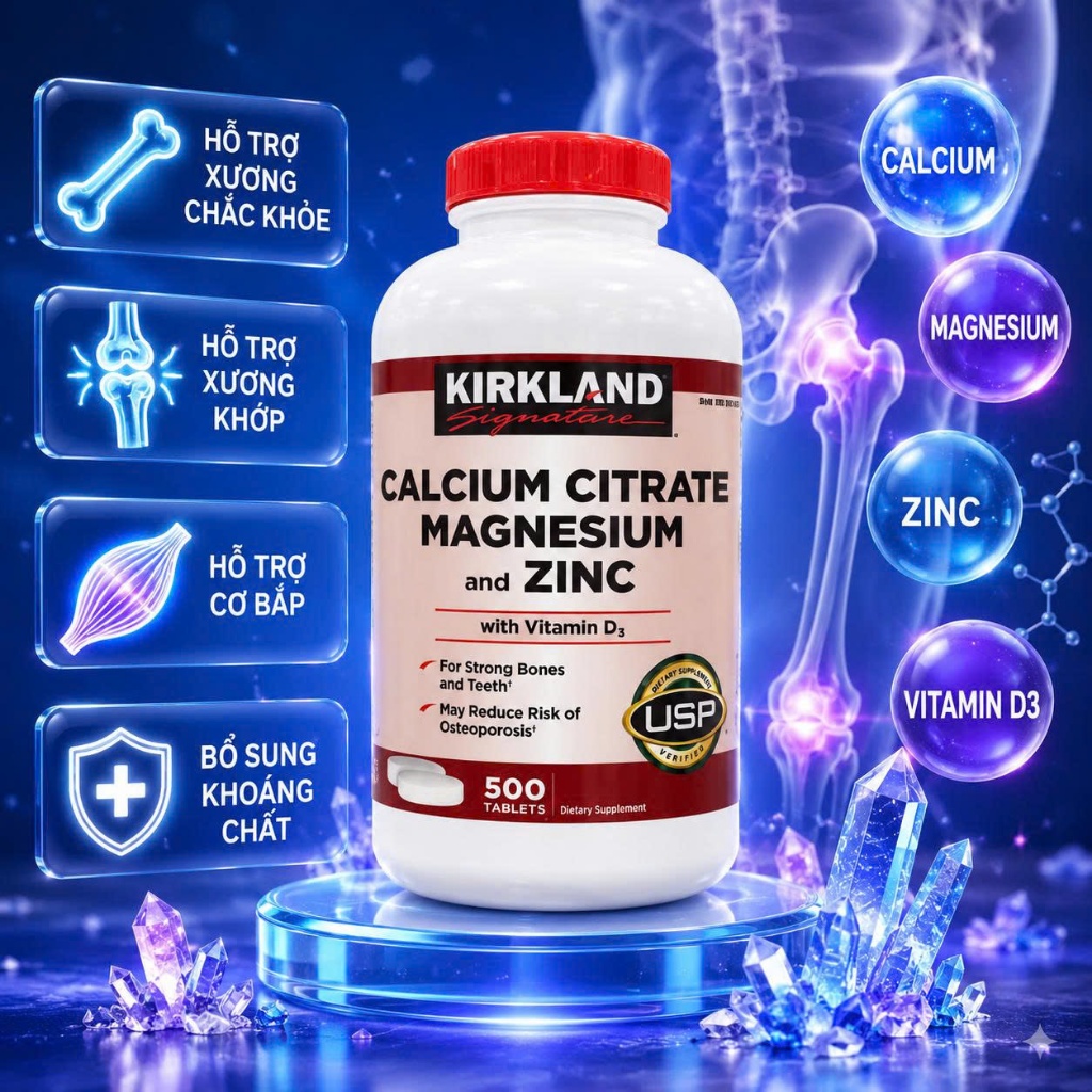Canxi Zinc Kirkland 500 viên uống bổ xung Calcium Citrate Magnesium and kẽm CỦA Mỹ