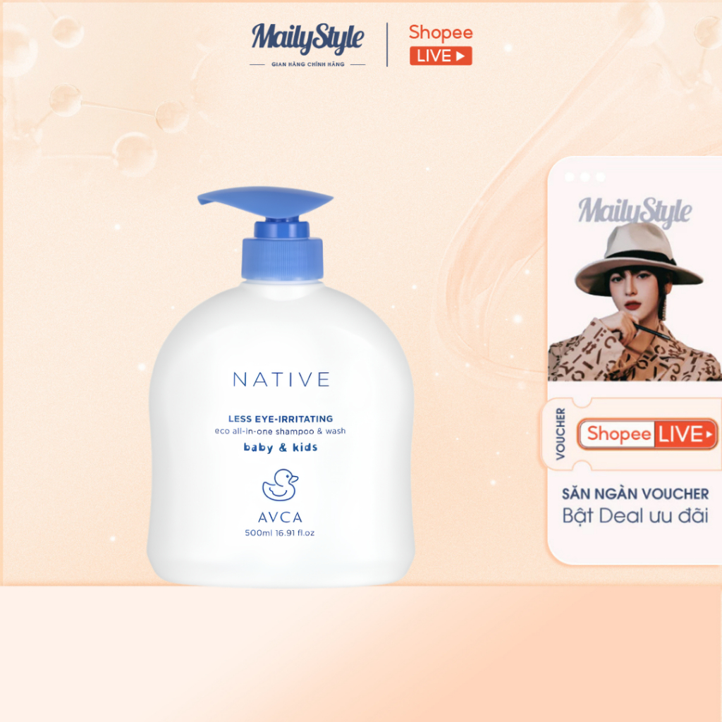 A54_ Sữa tắm gội cho bé Avca Native Baby Less Eye Irritating Eco All in one Shampoo & Wash 500ml