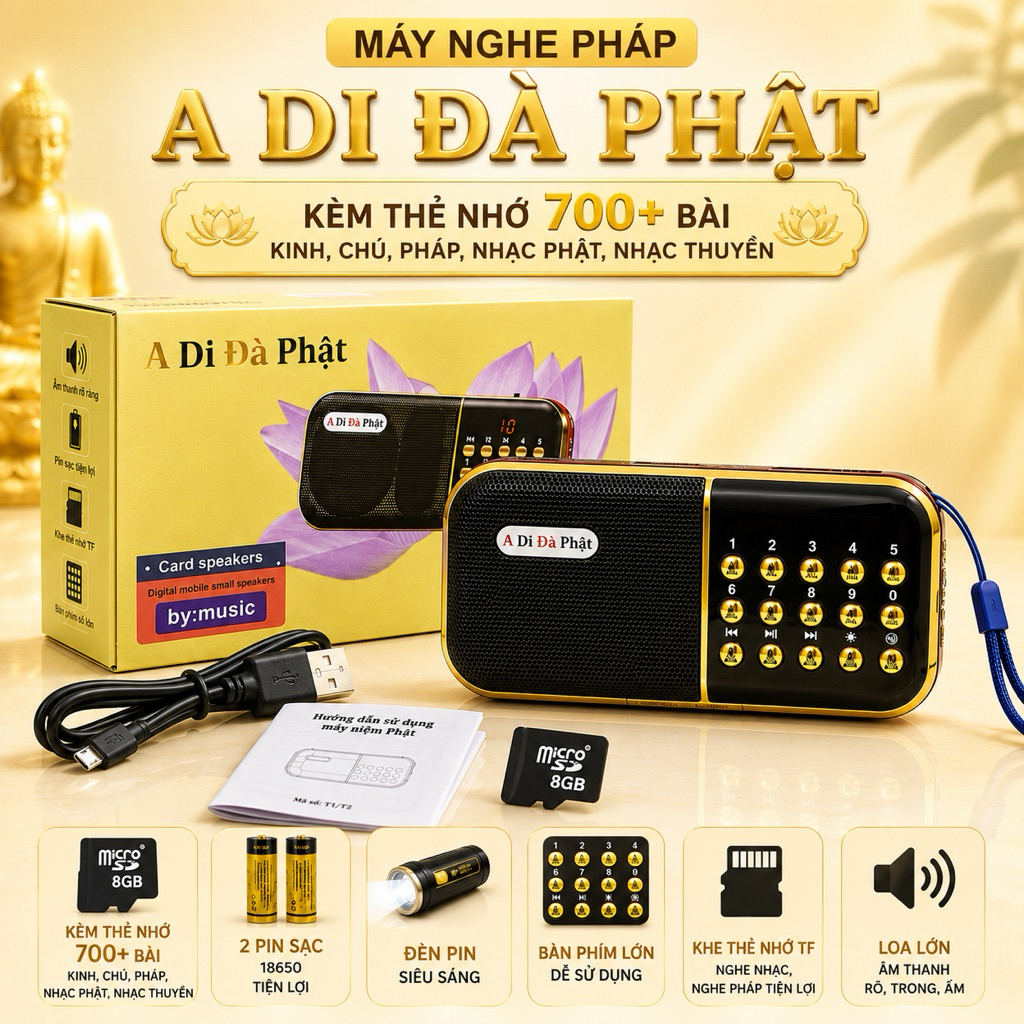 Máy Niệm Phật-Máy Nghe Pháp Chất Lượng Cao- Sẵn 54 Bài Niệm Phật- có 2 pin