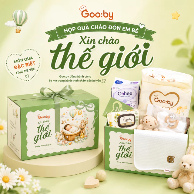 Hộp quà sơ sinh Gooby - 2 bịch Bỉm Newborn + Khăn ướt + BVS + Gối + Đồ sơ sinh (Tặng mẹ bé)