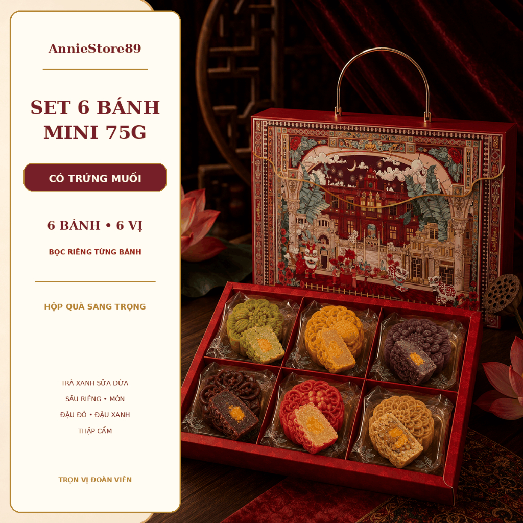 [Hỏa Tốc HCM] Set 6 Bánh Trung Thu Mini 75g Mẫu Sang Trọng Quai Vòng Màu Rau Củ Tự Nhiên Sấy Lạnh (Đ