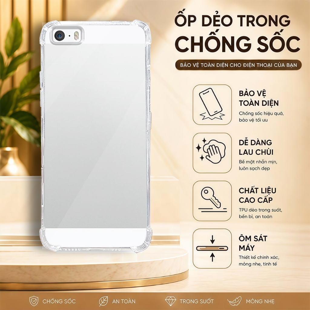 Ốp lưng IPhone 5 , 5S , 5SE , SE 2016 chống sốc trong suốt silicon dày xịn-HD STORE