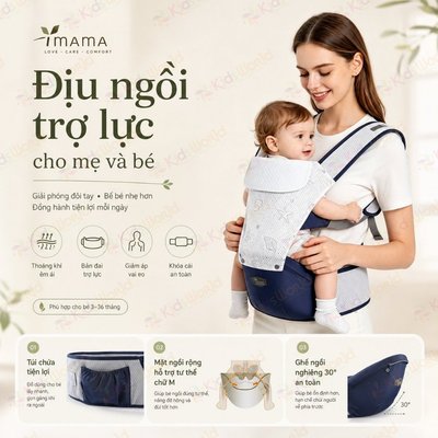 Địu Ngồi Em Bé IMAMA Trợ Lực 3 Điểm,Ghế Nghiêng 30°,Tư Thế Chữ M, Đai Vai Êm KidsWorld Cho Bé 3–36M+
