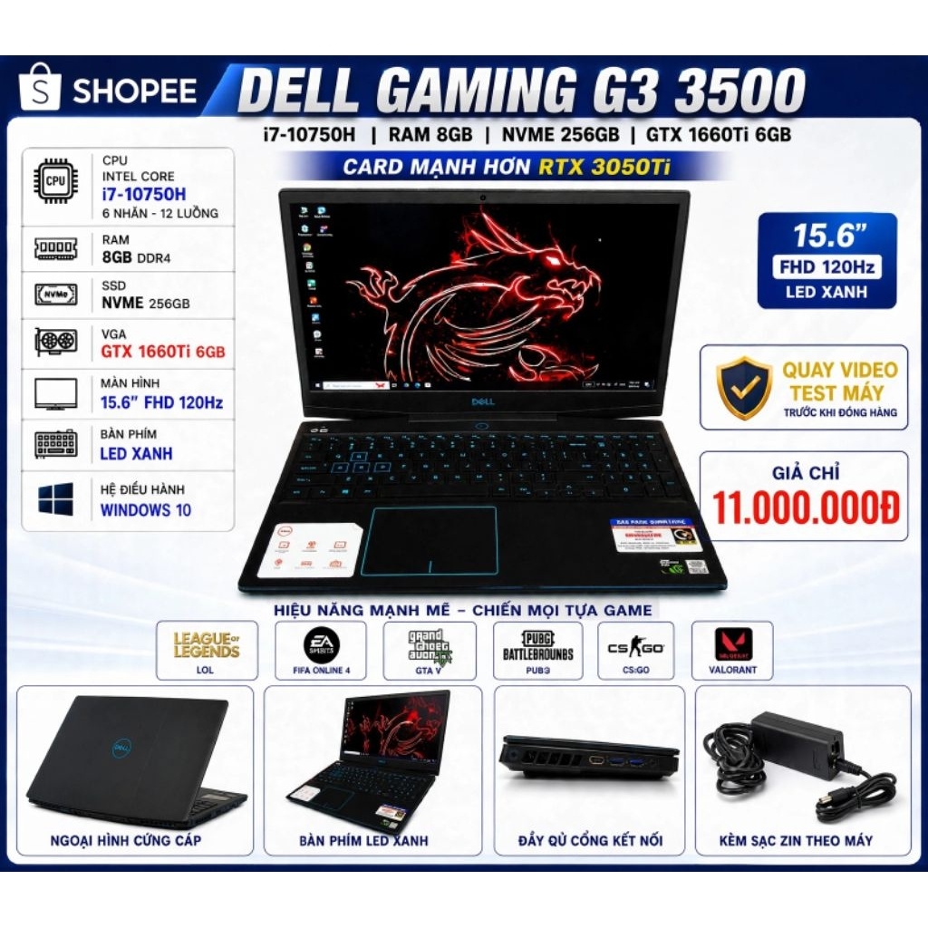 Laptop Dell Gaming G3 3500 i7-10750H / RAM 8GB / SSD NVMe 256GB / GTX 1660Ti 6GB / 15.6 FHD 120Hz LE