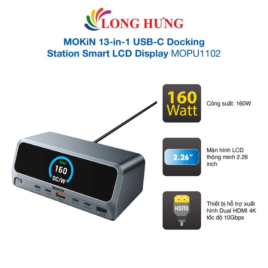 Bộ chuyển đổi MOKiN GaN 13-in-1 USB-C Docking Station Smart LCD Display 160W MOPU1102 - Hàng chính h