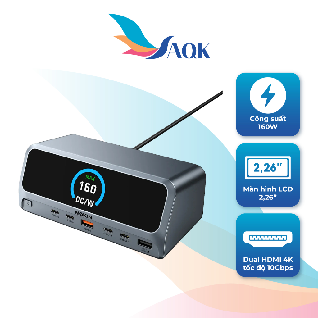 Bộ chuyển đổi MOKiN GaN 13-in-1 USB-C Docking Station Smart LCD Display 160W MOPU1102 - Hàng chính h