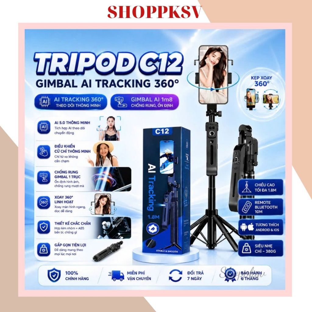 Gậy Selfie Tripod C12 1.8m Xoay 360° AI Tracking – Remote Bluetooth, Giá Đỡ Điện Thoại Quay Video
