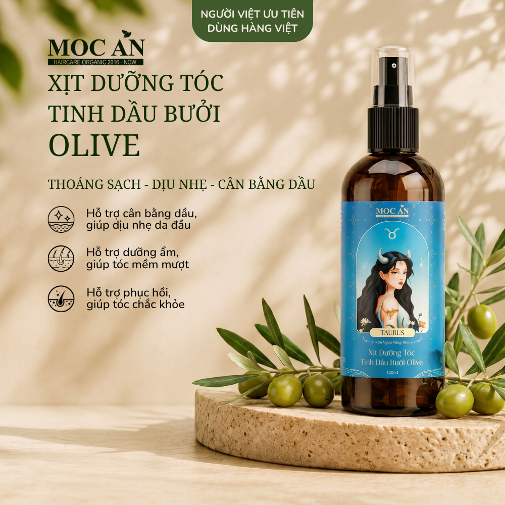 Xịt Dưỡng Tóc MOC AN HAIRCARE ORGANIC 2016 - NOW Chiết Xuất Tinh Dầu Vỏ Bưởi Da Xanh & Olive 120ml