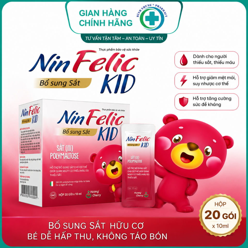 NIN FELIC Hộp 20 gói 10ml Sắt gói NinFelic dành cho người thiếu sắt, mệt mỏi, thiếu máu