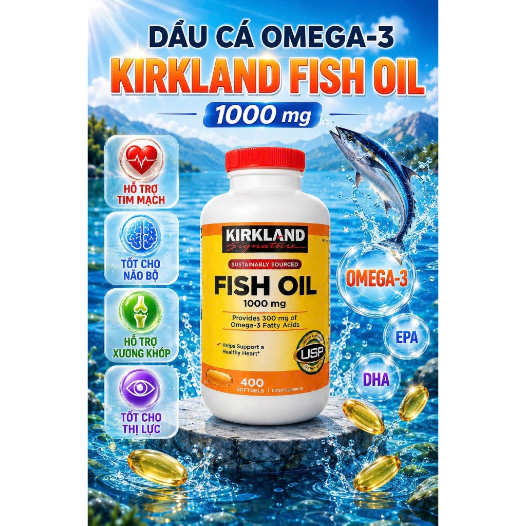 Viên Uống Dầu Cá Omega-3 Kirkland Fish Oil 1000mg Mỹ (Hộp 400 Viên)
