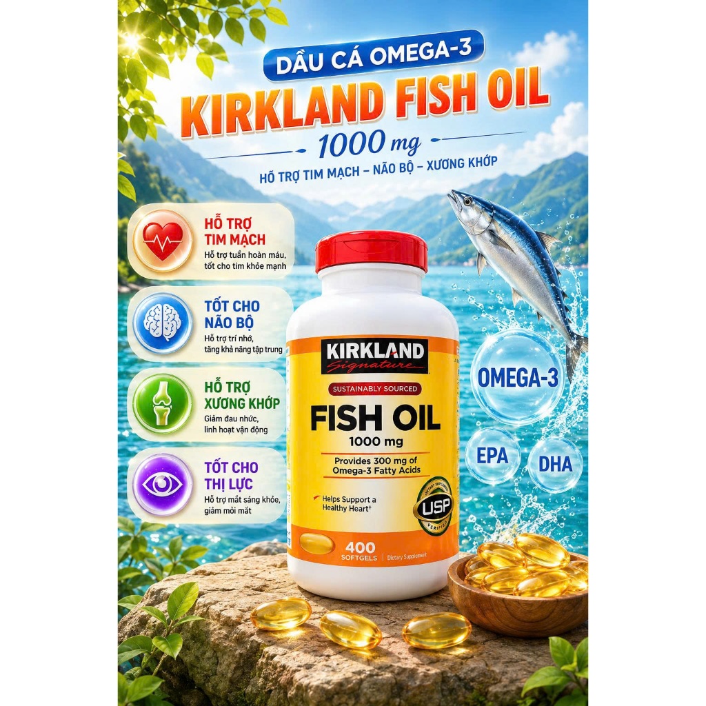 Viên Uống Dầu Cá Omega-3 Kirkland Fish Oil 1000mg (Hộp 400 Viên)