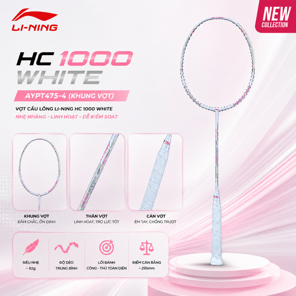 [Chính hãng] Khung vợt cầu lông Li-Ning HC 1000 White 4U - Công thủ toàn diện cho người mới