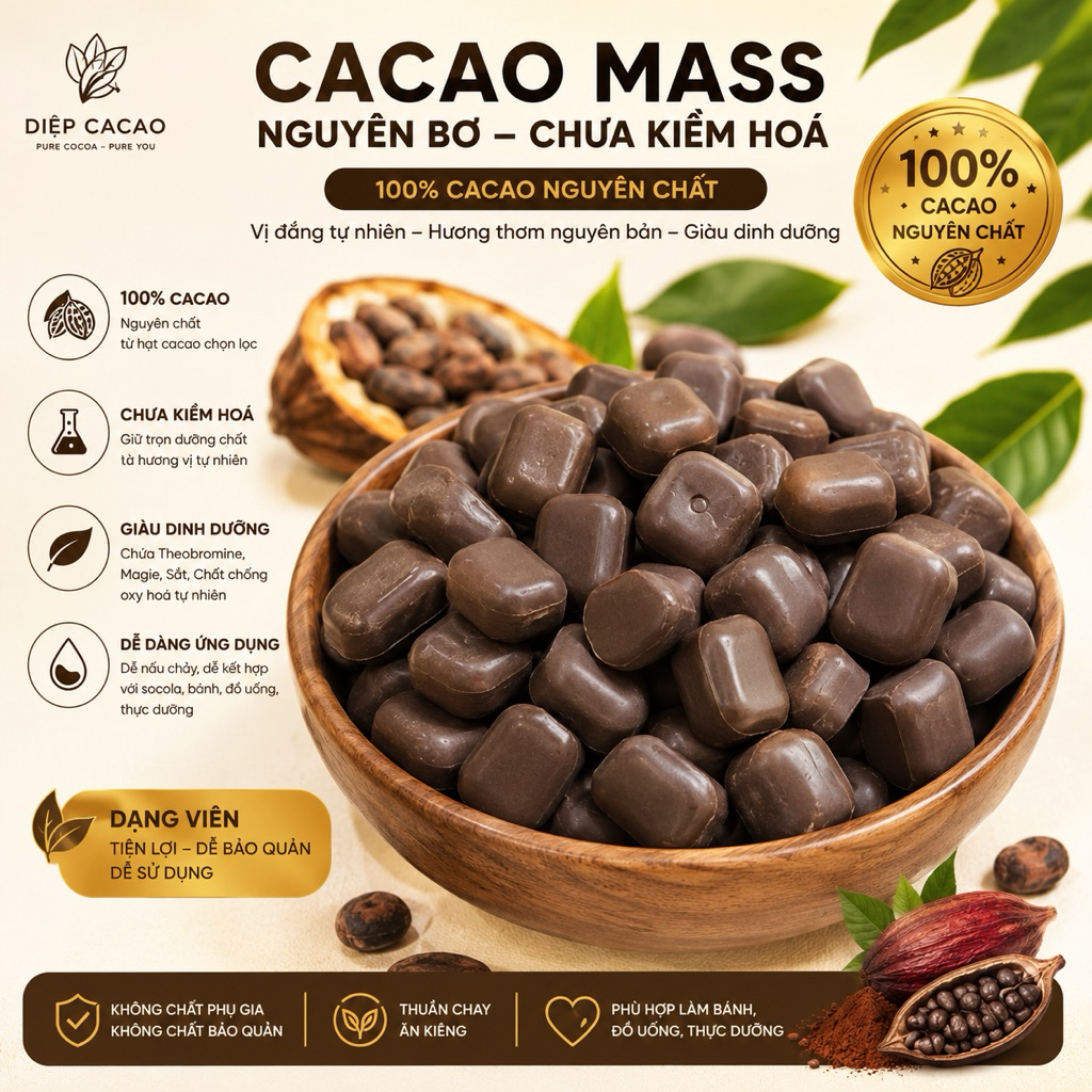 Cacao Mass Chưa Kiềm Hóa 100% Cacao Nguyên Bơ – Dạng Viên  –  Cacao Liquor, Nguyên Liệu Làm Socola &