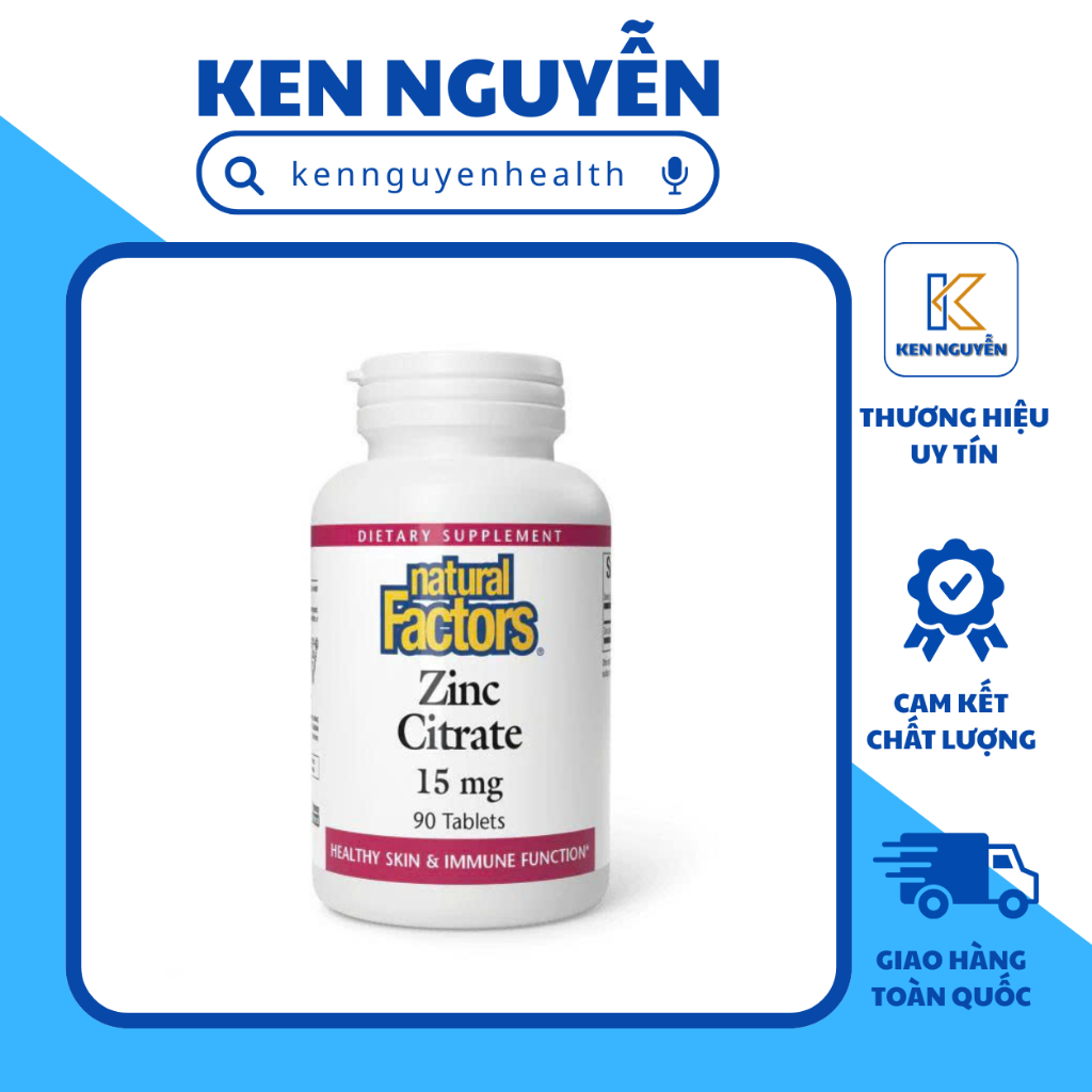Natural Factors Zinc Citrate 15 mg – Kẽm Citrate Hỗ Trợ Miễn Dịch, Da Khỏe, 90 Viên