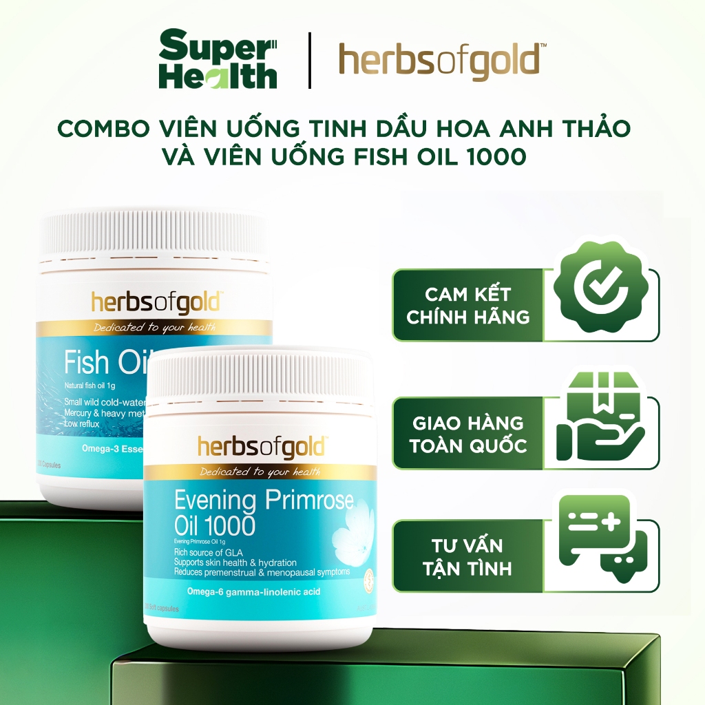 Combo Herbs of Gold Fish Oil 200 Viên & Herbs of Gold Hoa Anh Thảo Evening Primrose Oil 200 viên - S
