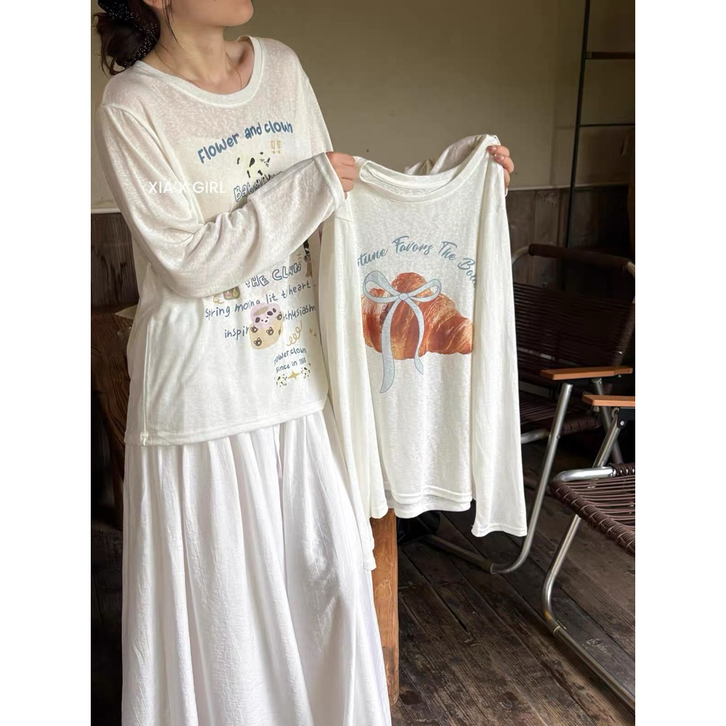 Áo Thun Dài Tay Mỏng Dáng Rộng Hàn Quốc - Áo T-Shirt In Họa Tiết Slogan / Hoạt Hình Phong Cách Acubi
