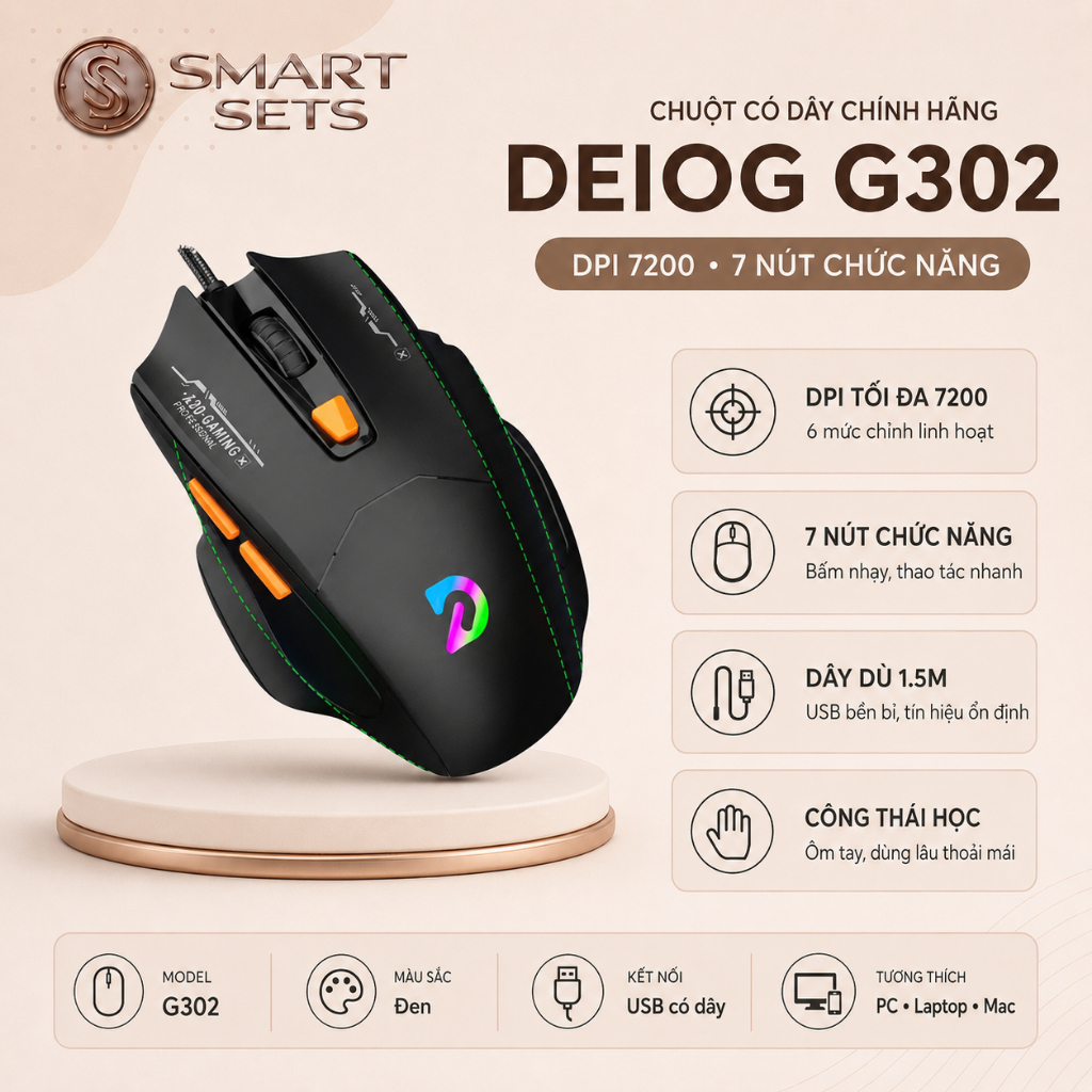 CHUỘT GAMING CÓ DÂY DEIOG G302 MACRO – 7200 DPI
