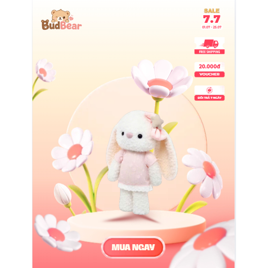 Thỏ bông dễ thương- Thú nhồi bông mềm mại BudBear, gối ôm thỏ hồng quà tặng hot trend BB16