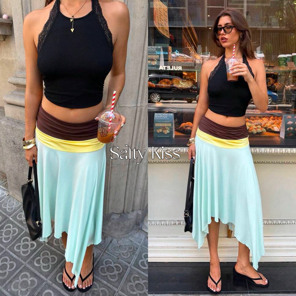 Drift Asym Skirt-Chân váy midi cạo thấp bất đối xứng phối layer